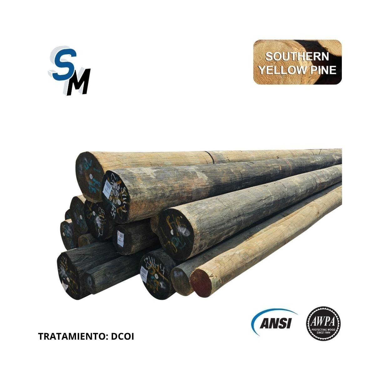 Poste de Madera Tratada Pino Amarillo del Sur Clase H2 75FT (22,86 m) Preservante DCOI, ANSI 05.1/AWPA