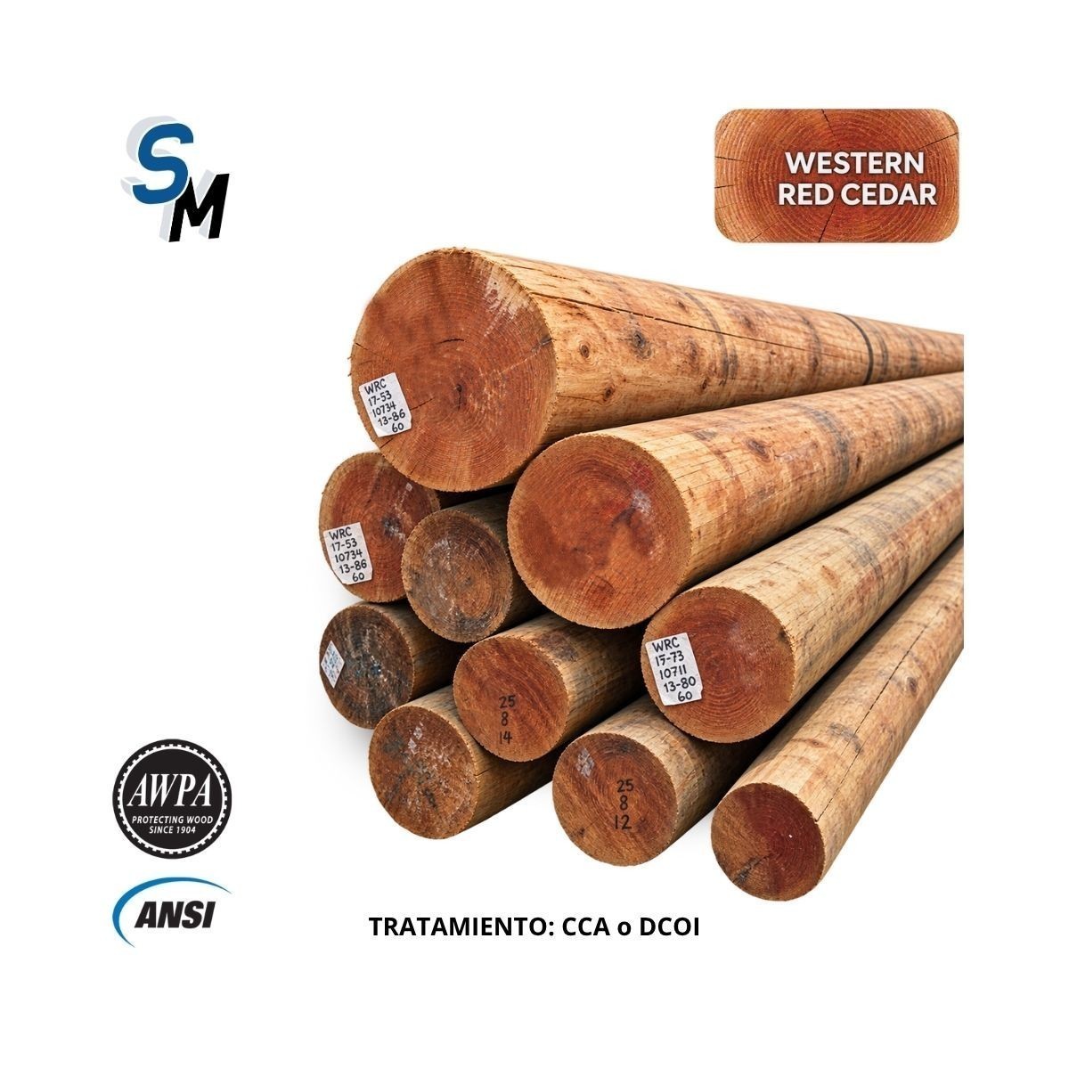 Poste de Madera Tratada Cedro Rojo CL2X40FT (12.19m) Preservante DCOI, ANSI 05.1/AWPA Poste de Madera Tratada Cedro Rojo CL2X40FT (12.19m) Preservante DCOI, ANSI 05.1/AWPA